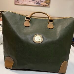 Lancel Paris Vintage Green Travel Bag with Leather Trim & Crest Emblem